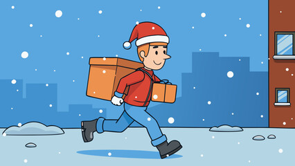 Delivery man running with christmas gifts in the snow with city buildings in the background scene