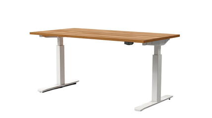 Oak desk with white legs, adjustable height, against black background
