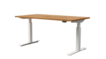 Oak desk with white legs, adjustable height, against black background