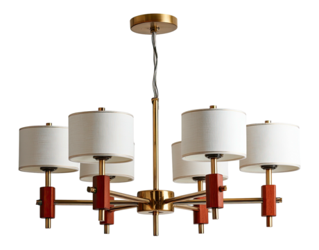 Six-shade chandelier with gold frame and red wood accents