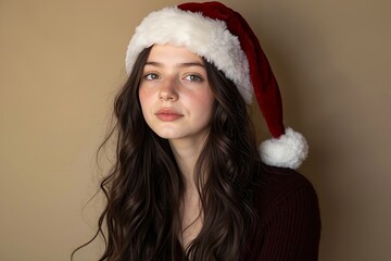 A woman wearing a red and white Santa hat