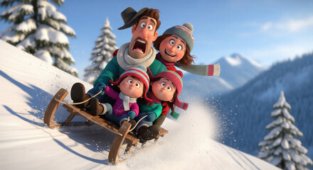 Happy family sledding down snowy hill in winter