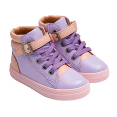 Stylish lavender and pink baby hightop sneakers with laces and velcro straps isolated on transparent background