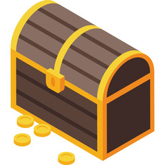 Brown wooden treasure chest with gold trim and lock surrounded by gold coins on a transparent background