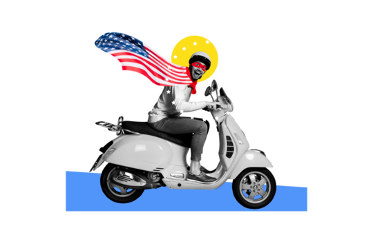 Creative abstract template collage of funny man riding scooter celebrating 4th july usa independence day bizarre unusual fantasy billboard