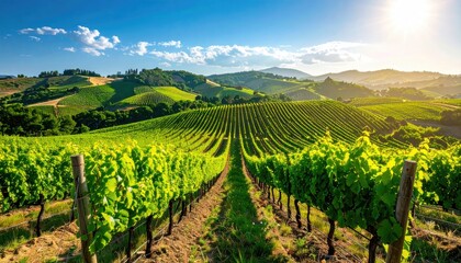 Fototapeta premium Vibrant Tuscan Vineyard Bathed in Golden Sunlight Rolling Hills and Green Grapes Under a Clear Blue Sky