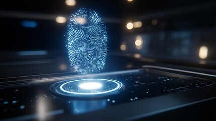 High-tech fingerprint scanner glowing with biometric detail projected above a sleek device, representing data protection, advanced identity security, biometric authentication systems, and the