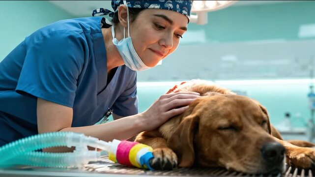Female veterinarian in scrubs gently comforts a sedated brown dog on an examination table in a brightly lit veterinary clinic operating room