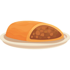 A Savory Meat Pie Cut in Half on a Light Brown Plate with a Transparent Background