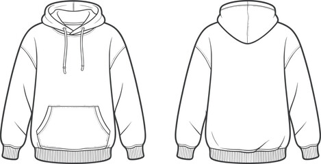Hoodie flat sketch, sweatshirt drawing, fashion design vector, apparel template, garment illustration, casual wear, hooded pullover, kangaroo pocket, ribbed cuffs, clothing outline
