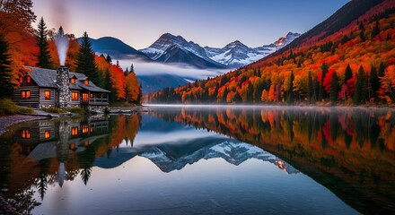 Cozy log cabin nestled by a serene lake during autumn, with vibrant fall foliage reflecting in the calm water and snowcapped mountains in the background