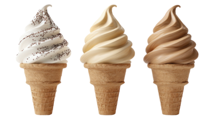 Three soft-serve ice cream cones in vanilla, butterscotch, and chocolate