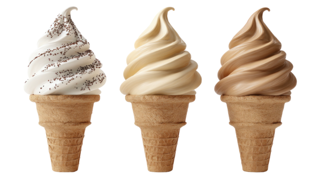 Three soft-serve ice cream cones in vanilla, butterscotch, and chocolate