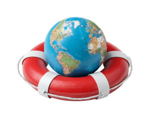 Earth globe in red life preserver isolated on a transparent background