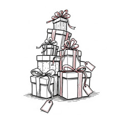 Hand Drawn Christmas Gift Stack, Sketch with Red Ribbons
