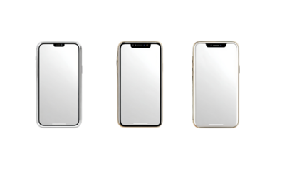 Three smartphones with blank screens isolated on a transparent background