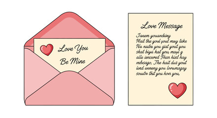 Love letter in pink envelope with heart emblem and handwritten message, symbolizing affection and romance for Valentine's Day