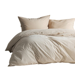 Beige bed with crumpled duvet and pillows on black
