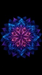 A stunning mandala design made of vibrant blue and purple light swirls against a black background, perfect for meditation, yoga, or art-related themes, It evokes peace and tranquility,