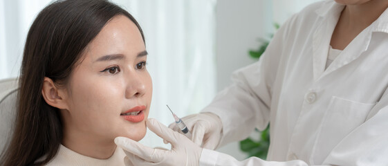 Cosmetic surgery, skin whitening injection, filler injection, Skin reface, beautiful Asian woman...