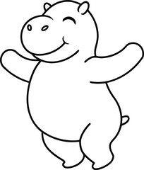 Chubby Cute Hippo Dancing Happily With Joyful Expression For Kids Art COLORING PAGE OUTLINT LINR ART