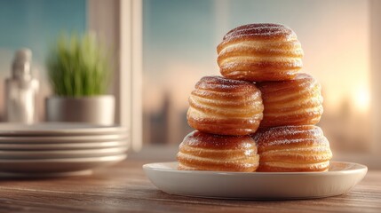 Golden pastries dusted with sugar, stacked on a plate, with a window scene in background