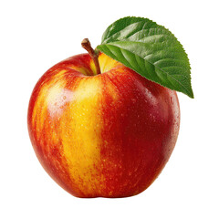 Ripe red-yellow apple with green leaf against black backdrop