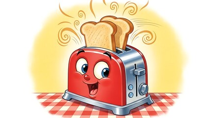Red Toaster Cartoon with Toast Animated Kitchen Appliance with Funny Face and Tablecloth
