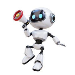 3D Cartoon Cute Robot Jumping and Holding a Megaphone Announcing for Marketing