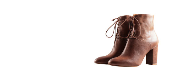 Brown leather lace-up heeled boots on a black background