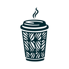 Stylish Coffee Cup Icon with Floral Design A cream coffee cup with a lid rests on a vanilla background