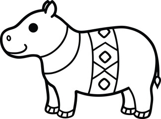 Hippo With Tribal Patterns On Its Body Decorative Fun Animal For Kids COLORING PAGE OUTLINT LINR ART
