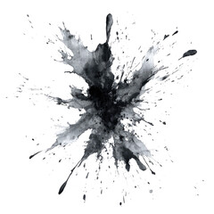 Exploding burst of dark gray pigment against a solid black backdrop