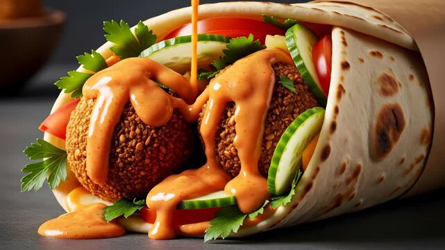 Creamy orange sauce pouring onto a fresh falafel wrap with vegetables, a delicious street food or fast food meal, video footage