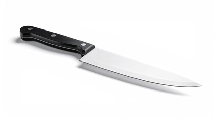 Chef's knife steel blade, black handle on white background