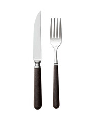 Elegant knife and fork with dark wooden handles on a black background