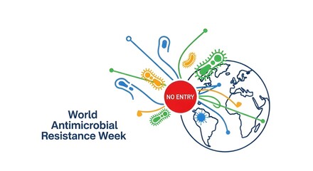 Global fight against superbugs featuring stylized bacteria and 'No Entry' sign protecting the planet from infection