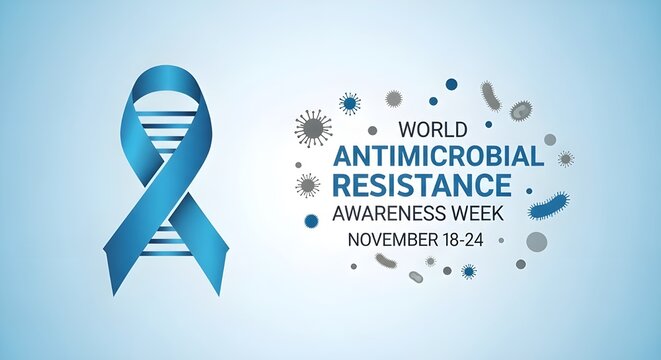 Raising awareness for World Antimicrobial Resistance Awareness Week with a blue ribbon symbol and microscopic organisms