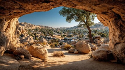 Inside a sunlit cave, a view of a rocky desert valley, distant village, and green trees