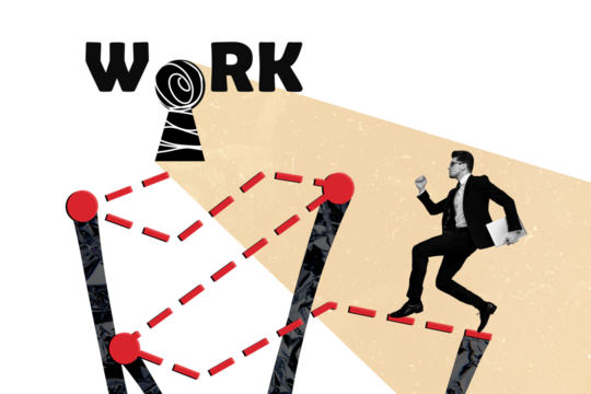 Collage young businessman work ambition leadership career promotion reach goal target path route walk run persistence determination