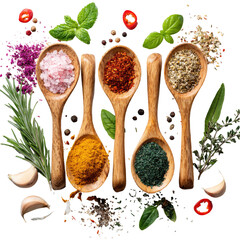Assorted spices in spoons, herbs around