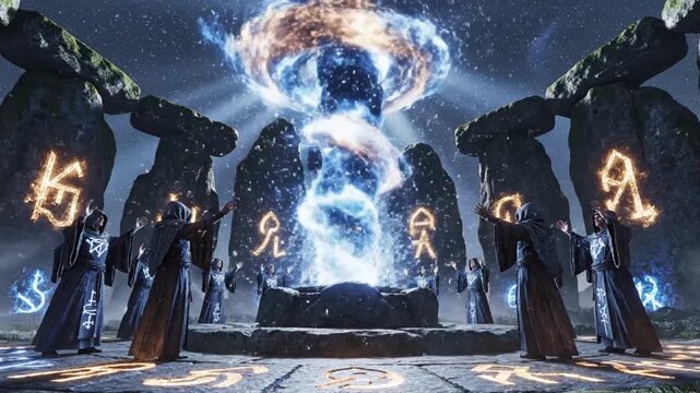 Mysterious Ritual in Ancient Temple with Glowing Runes and Ethereal Light.