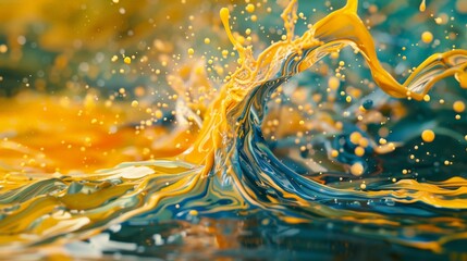Abstract photo of yellow and blue paint splashing and swirling.