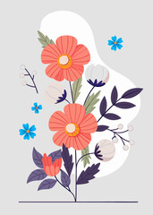 Vibrant Floral Illustration with Abstract Shapes and Spring Blossoms