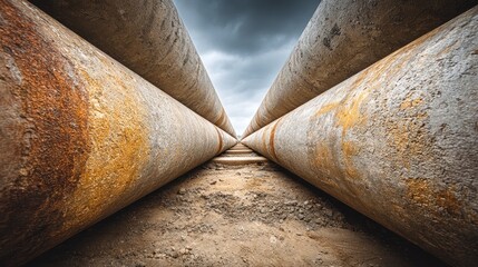 Low-angle view of weathered, rusty pipes forming a long corridor under dark clouds
