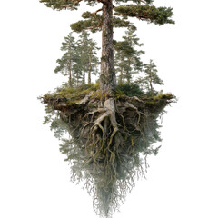 Upside-down forest tree, roots exposed, surreal and fantastical scene
