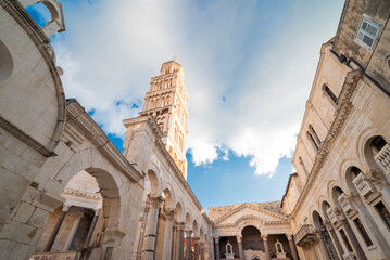 Split, Croatia, Palace of Diocletian in the old town, old ruins with a bell tower in the center