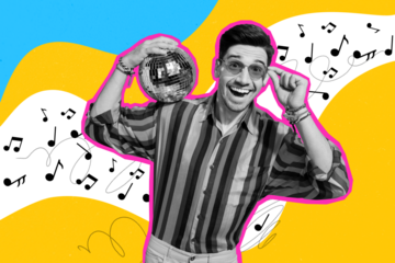 Contemporary poster trend art collage of happy hipster man hold retro disco ball weekend celebration soundtrack music concert