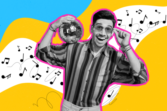 Contemporary poster trend art collage of happy hipster man hold retro disco ball weekend celebration soundtrack music concert