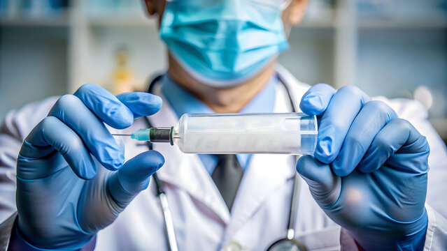 Doctor in mask holds syringe filled with vaccine ready for injection in a clinical setting